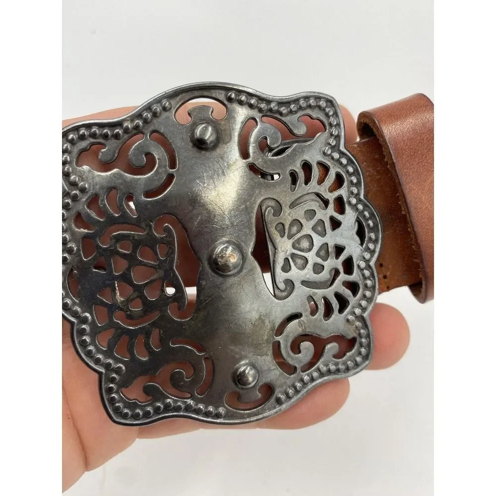 Avignon Women's Leather Cross Weave Patterned Buck Buckle Brown‎ Belt